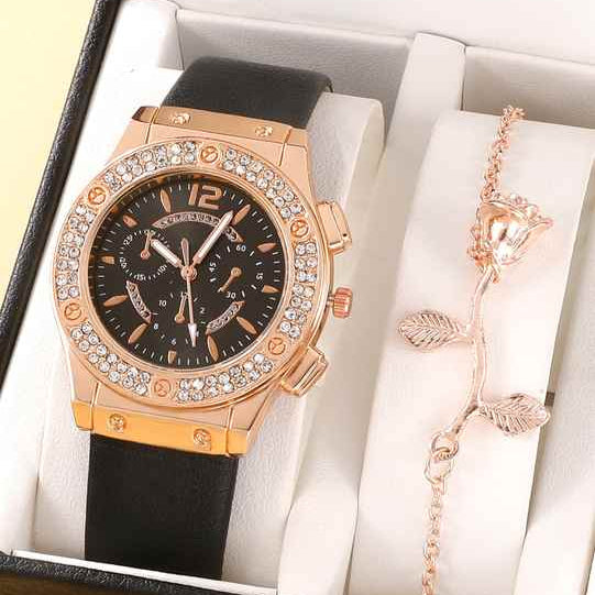 Elegant Strap Watch with Rose Gold Bracelet